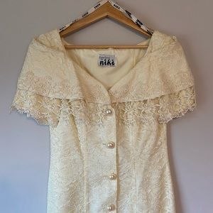 Vintage 80’s Jacquard Crochet Trim Floral Ivory Lace Formal Wiggle Dress